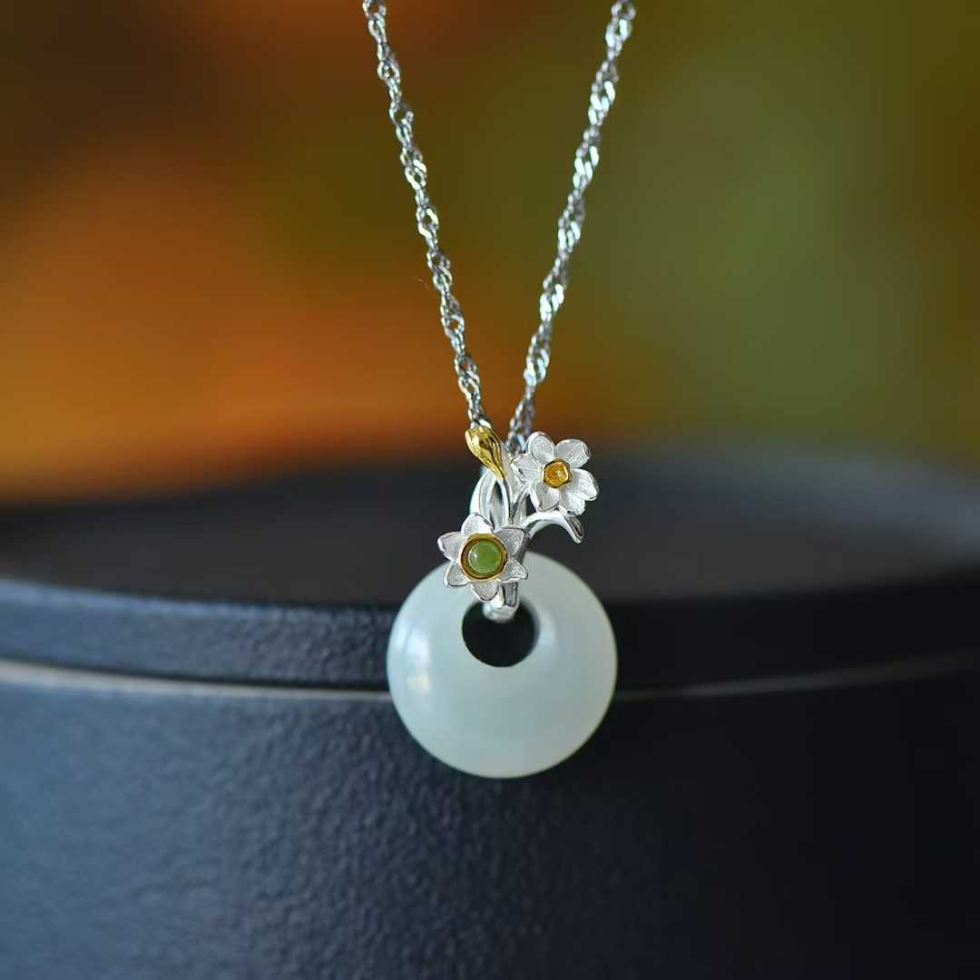 925 Silver Inlaid Hetian Nephrite "December Daffodil (Twelve Flower Gods)" Jewelry Set - jewelry - weilin.com