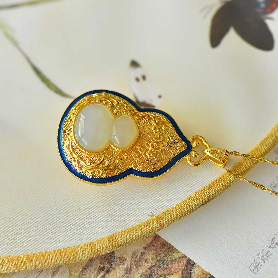925 Silver Inlaid Hetian Nephrite "Double Blessings of Fortune & Emoluments" Gourd Pendant - jewelry - weilin.com