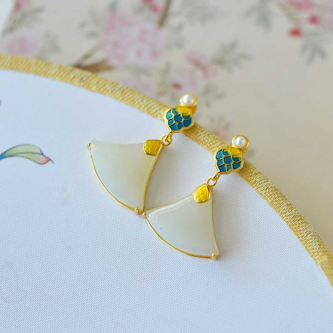 925 Silver Inlaid Hetian Nephrite "Dragon Scale Mini Skirt" Earrings - jewelry - weilin.com