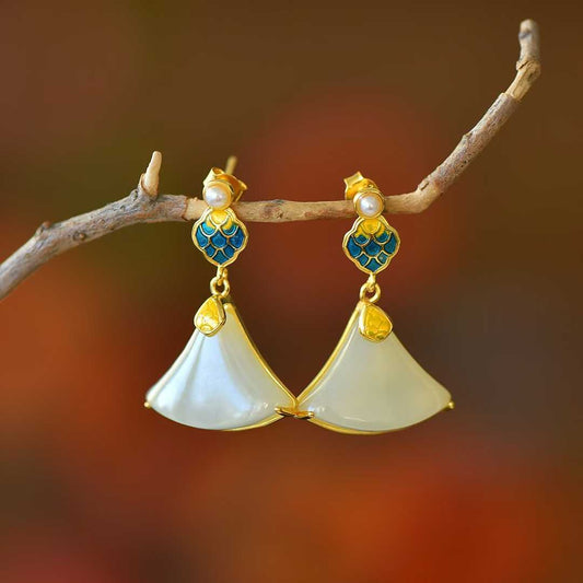 925 Silver Inlaid Hetian Nephrite "Dragon Scale Mini Skirt" Earrings - jewelry - weilin.com