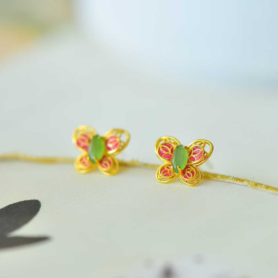 925 Silver Inlaid Hetian Nephrite "Dreamy Butterfly" Stud Earrings - jewelry - weilin.com