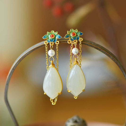 925 Silver Inlaid Hetian Nephrite & Enamel Earrings - jewelry - weilin.com