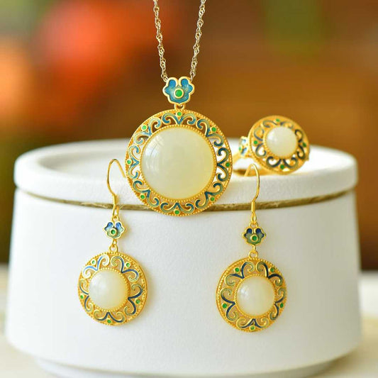 925 Silver Inlaid Hetian Nephrite "Endless Blessings" Jewelry Set - jewelry - weilin.com