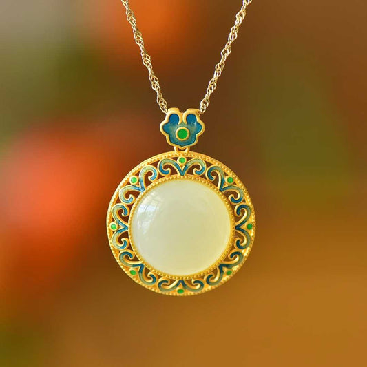 925 Silver Inlaid Hetian Nephrite "Endless Blessings" Jewelry Set - jewelry - weilin.com