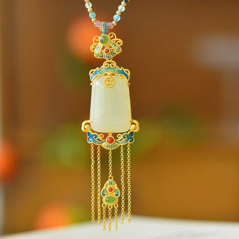 925 Silver Inlaid Hetian Nephrite "Endless Blessings & Tassel" Pendant - jewelry - weilin.com