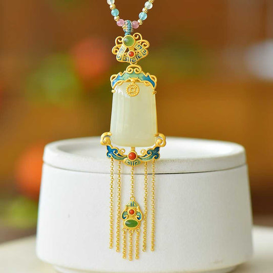 925 Silver Inlaid Hetian Nephrite "Endless Blessings & Tassel" Pendant - jewelry - weilin.com