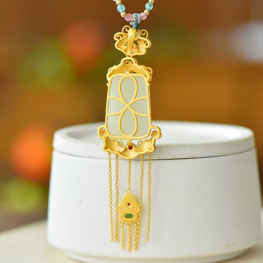 925 Silver Inlaid Hetian Nephrite "Endless Blessings & Tassel" Pendant - jewelry - weilin.com