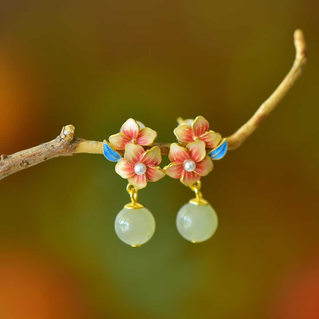 925 Silver Inlaid Hetian Nephrite "Ethereal Peach Blossom" Earrings - jewelry - weilin.com