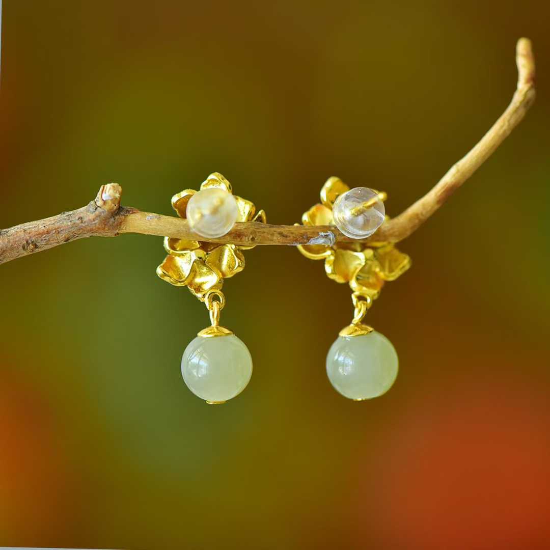 925 Silver Inlaid Hetian Nephrite "Ethereal Peach Blossom" Earrings - jewelry - weilin.com