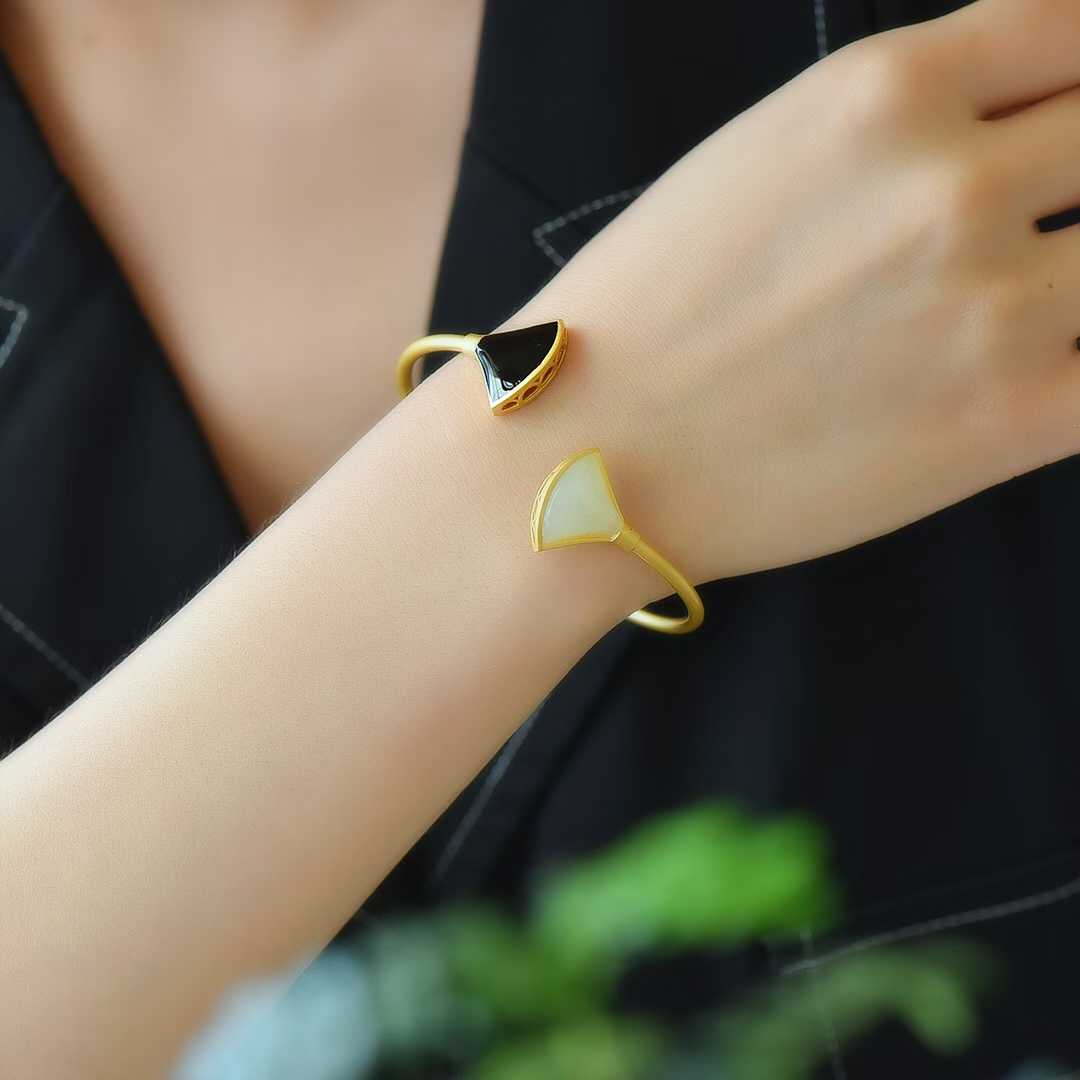 925 Silver Inlaid Hetian Nephrite "Fan - Shaped Enamel & Matt Gold" Bracelet - jewelry - weilin.com