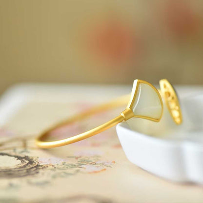 925 Silver Inlaid Hetian Nephrite "Fan - Shaped Enamel & Matt Gold" Bracelet - jewelry - weilin.com