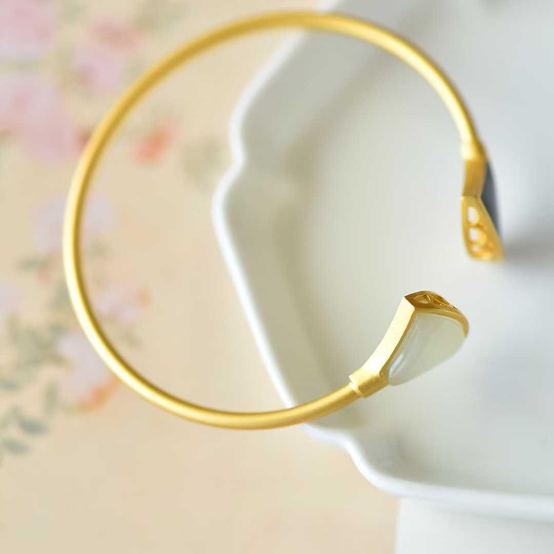 925 Silver Inlaid Hetian Nephrite "Fan - Shaped Enamel & Matt Gold" Bracelet - jewelry - weilin.com