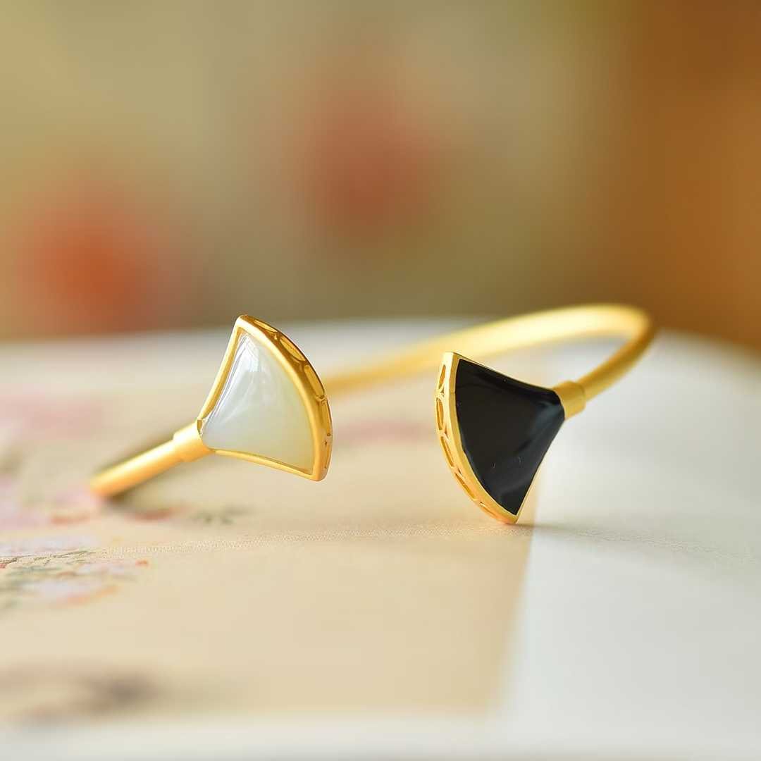 925 Silver Inlaid Hetian Nephrite "Fan - Shaped Enamel & Matt Gold" Bracelet - jewelry - weilin.com