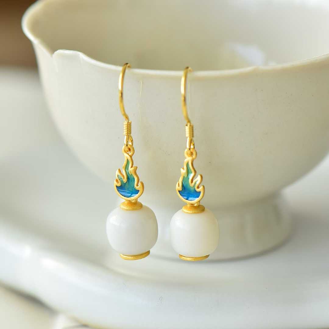 925 Silver Inlaid Hetian Nephrite Fine Material Barrel Bead "Everlasting Vitality" Enamel Earrings - jewelry - weilin.com