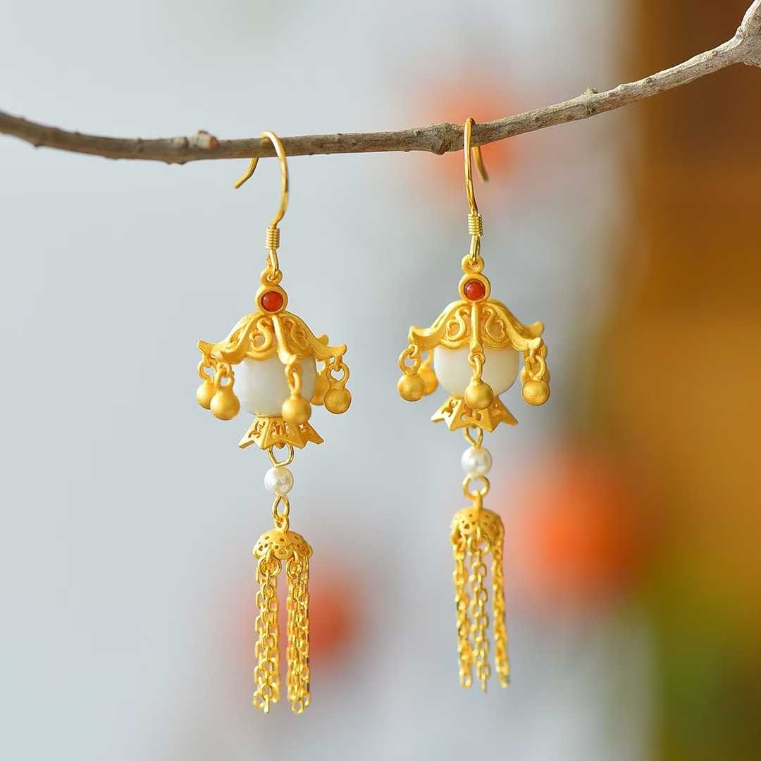 925 Silver Inlaid Hetian Nephrite Fine - Material Old - Style Bead "Thousands of Lit Households" Tassel Earrings - jewelry - weilin.com