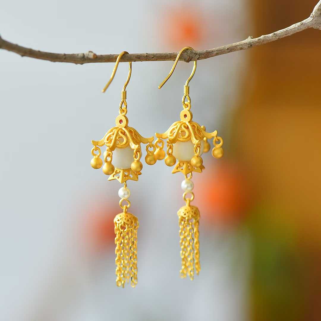 925 Silver Inlaid Hetian Nephrite Fine - Material Old - Style Bead "Thousands of Lit Households" Tassel Earrings - jewelry - weilin.com