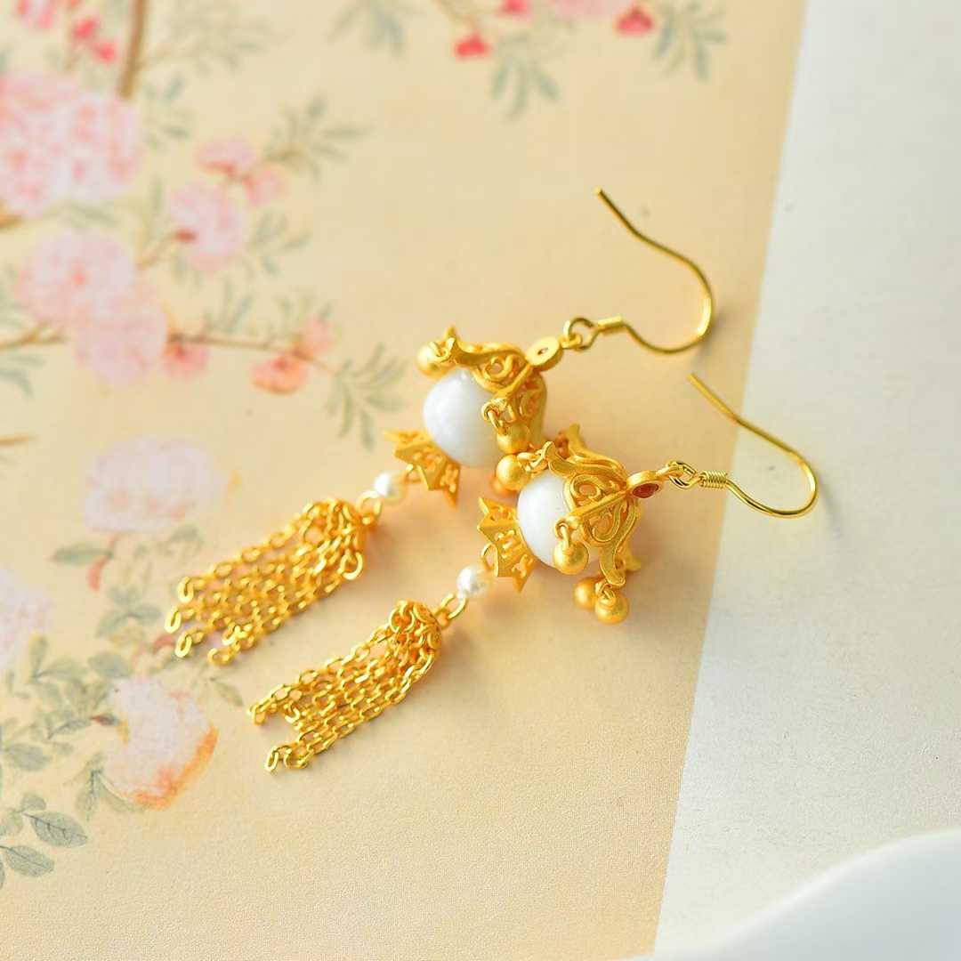 925 Silver Inlaid Hetian Nephrite Fine - Material Old - Style Bead "Thousands of Lit Households" Tassel Earrings - jewelry - weilin.com