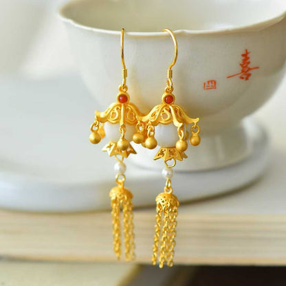 925 Silver Inlaid Hetian Nephrite Fine - Material Old - Style Bead "Thousands of Lit Households" Tassel Earrings - jewelry - weilin.com