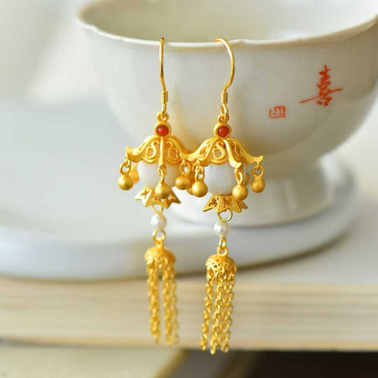 925 Silver Inlaid Hetian Nephrite Fine - Material Old - Style Bead "Thousands of Lit Households" Tassel Earrings - jewelry - weilin.com
