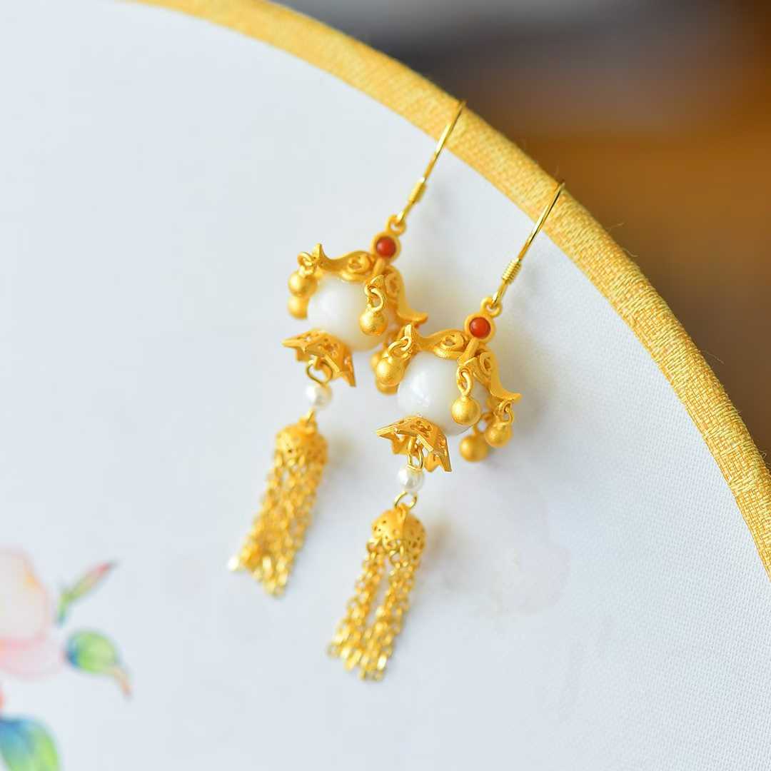 925 Silver Inlaid Hetian Nephrite Fine - Material Old - Style Bead "Thousands of Lit Households" Tassel Earrings - jewelry - weilin.com