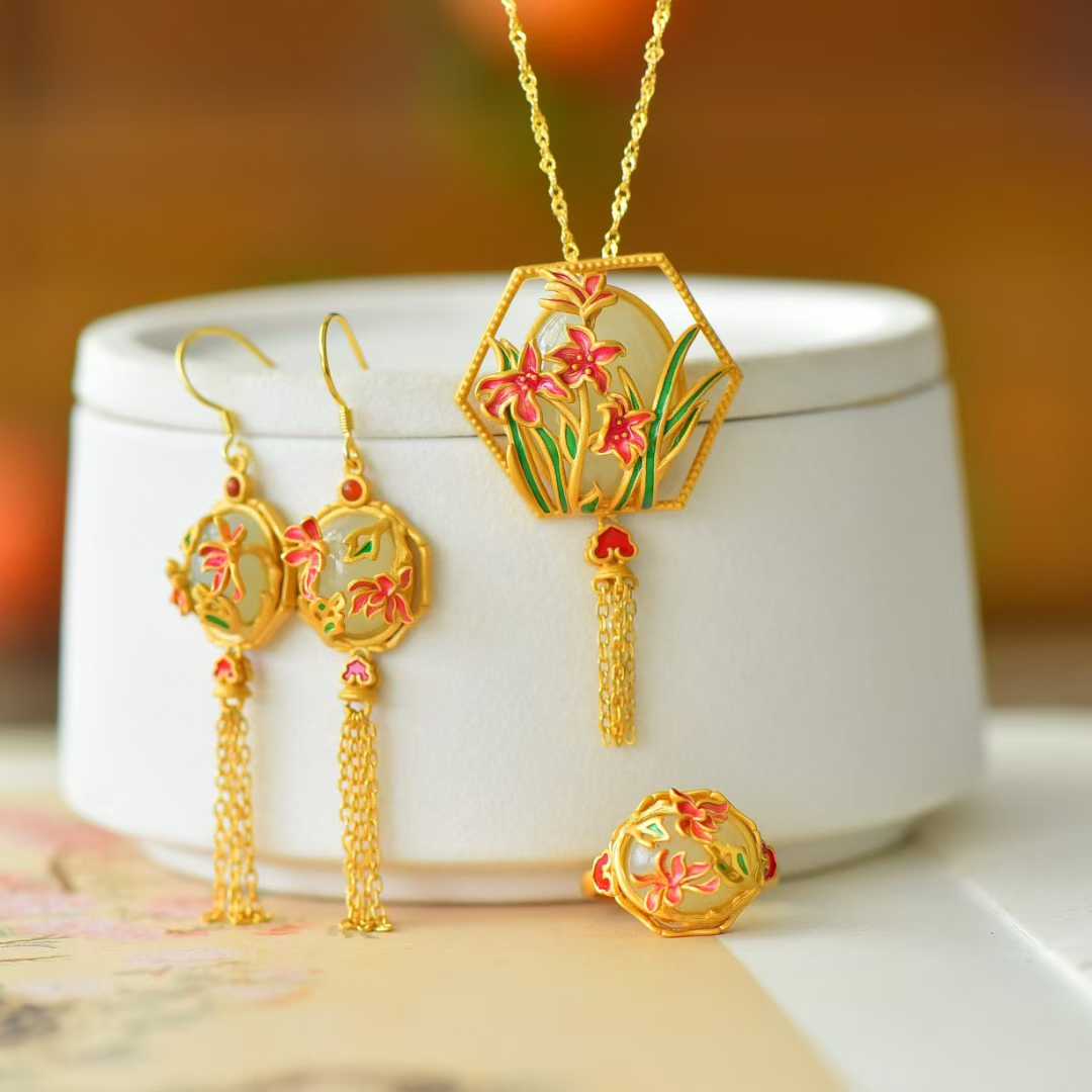 925 Silver Inlaid Hetian Nephrite "Flowers Bloom & Fortune Arrives" Jewelry Set - jewelry - weilin.com