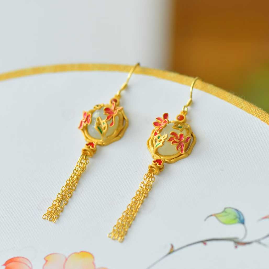 925 Silver Inlaid Hetian Nephrite "Flowers Bloom & Fortune Arrives" Jewelry Set - jewelry - weilin.com