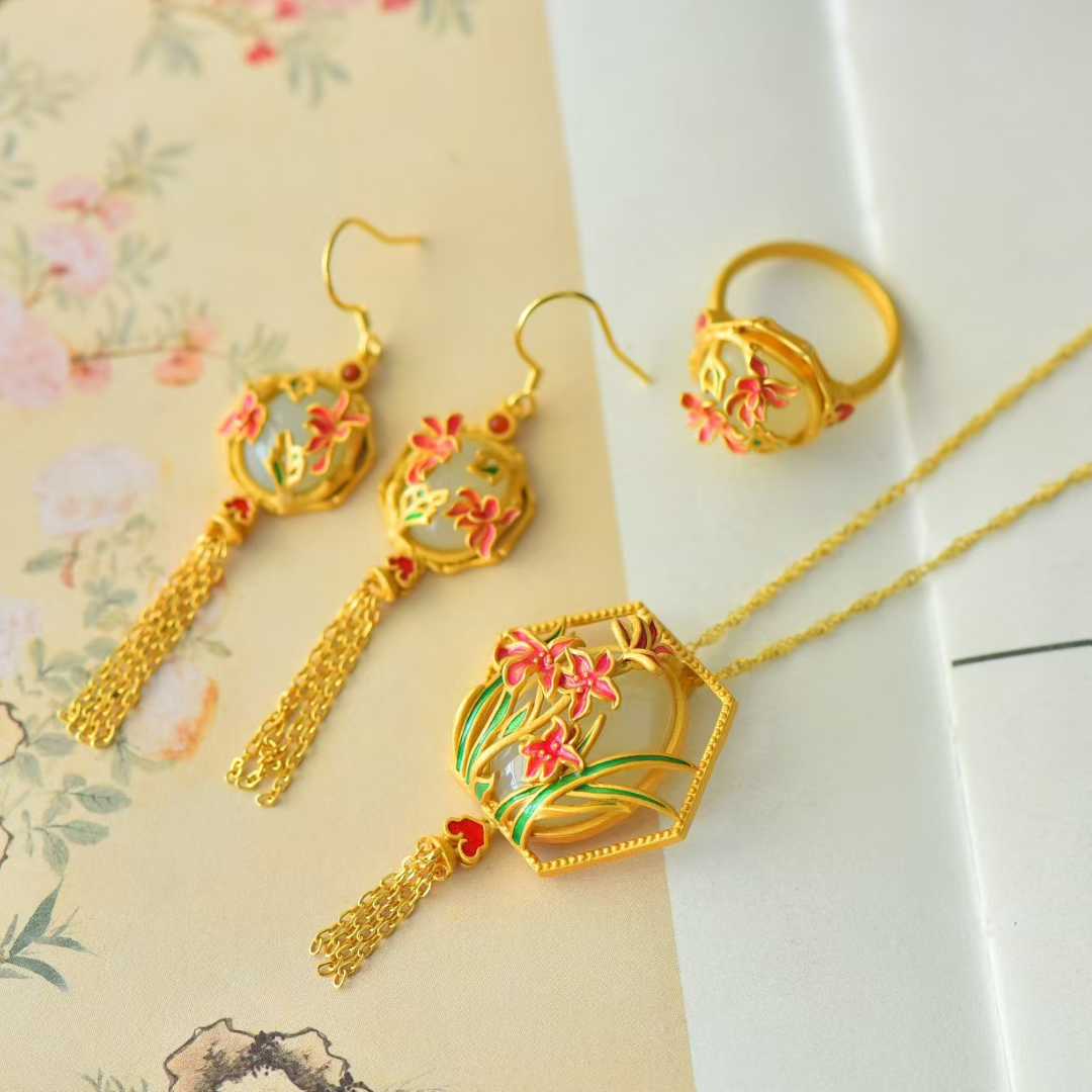 925 Silver Inlaid Hetian Nephrite "Flowers Bloom & Fortune Arrives" Jewelry Set - jewelry - weilin.com