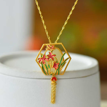 925 Silver Inlaid Hetian Nephrite "Flowers Bloom & Fortune Arrives" Jewelry Set - jewelry - weilin.com