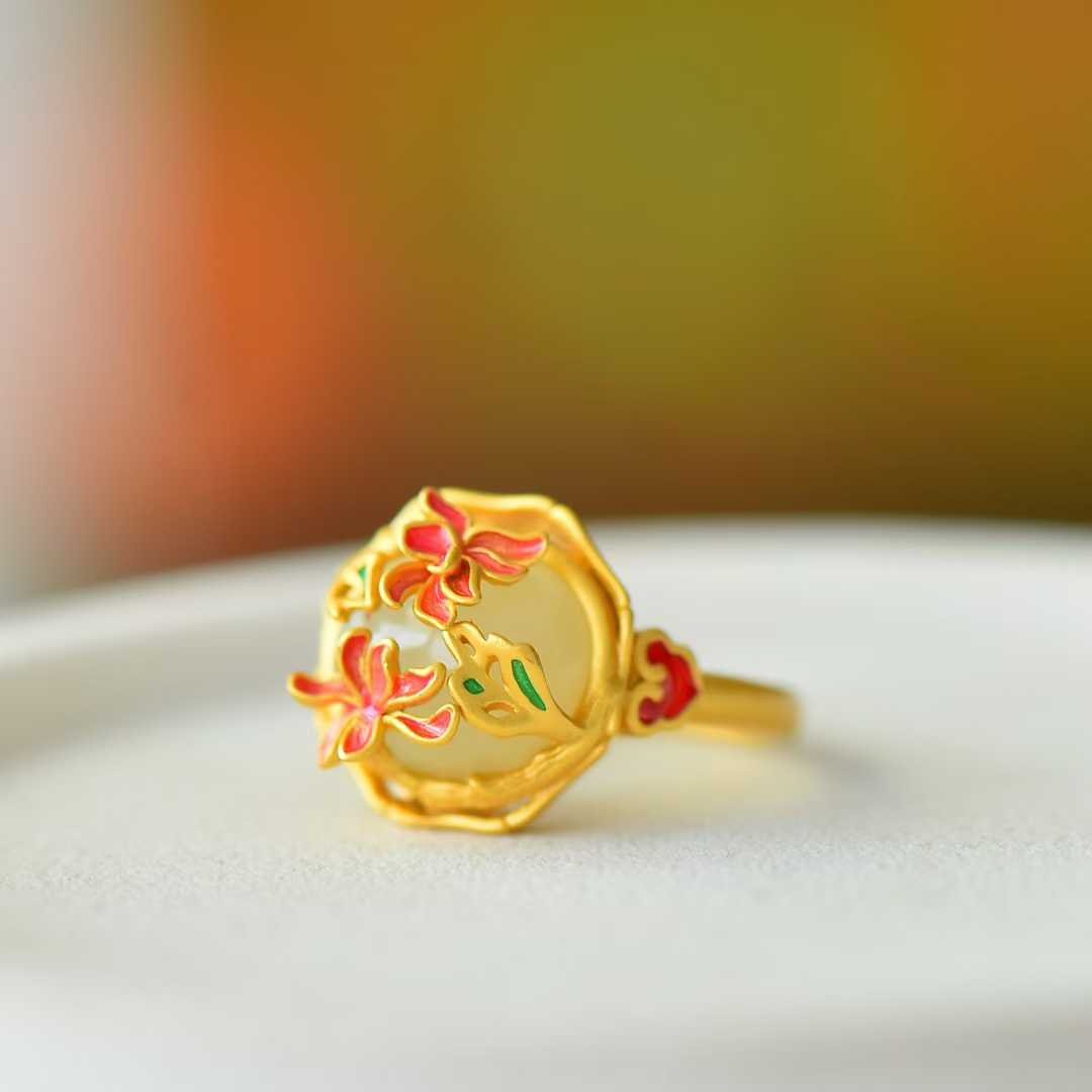 925 Silver Inlaid Hetian Nephrite "Flowers Bloom & Fortune Arrives" Jewelry Set - jewelry - weilin.com