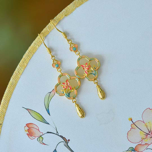 925 Silver Inlaid Hetian Nephrite "Four - Leaf Clover & Plum Blossom" Earrings - jewelry - weilin.com