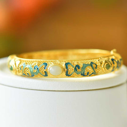 925 Silver Inlaid Hetian Nephrite "Goddess Scattering Flowers" Hollowed - Out Bracelet - jewelry - weilin.com