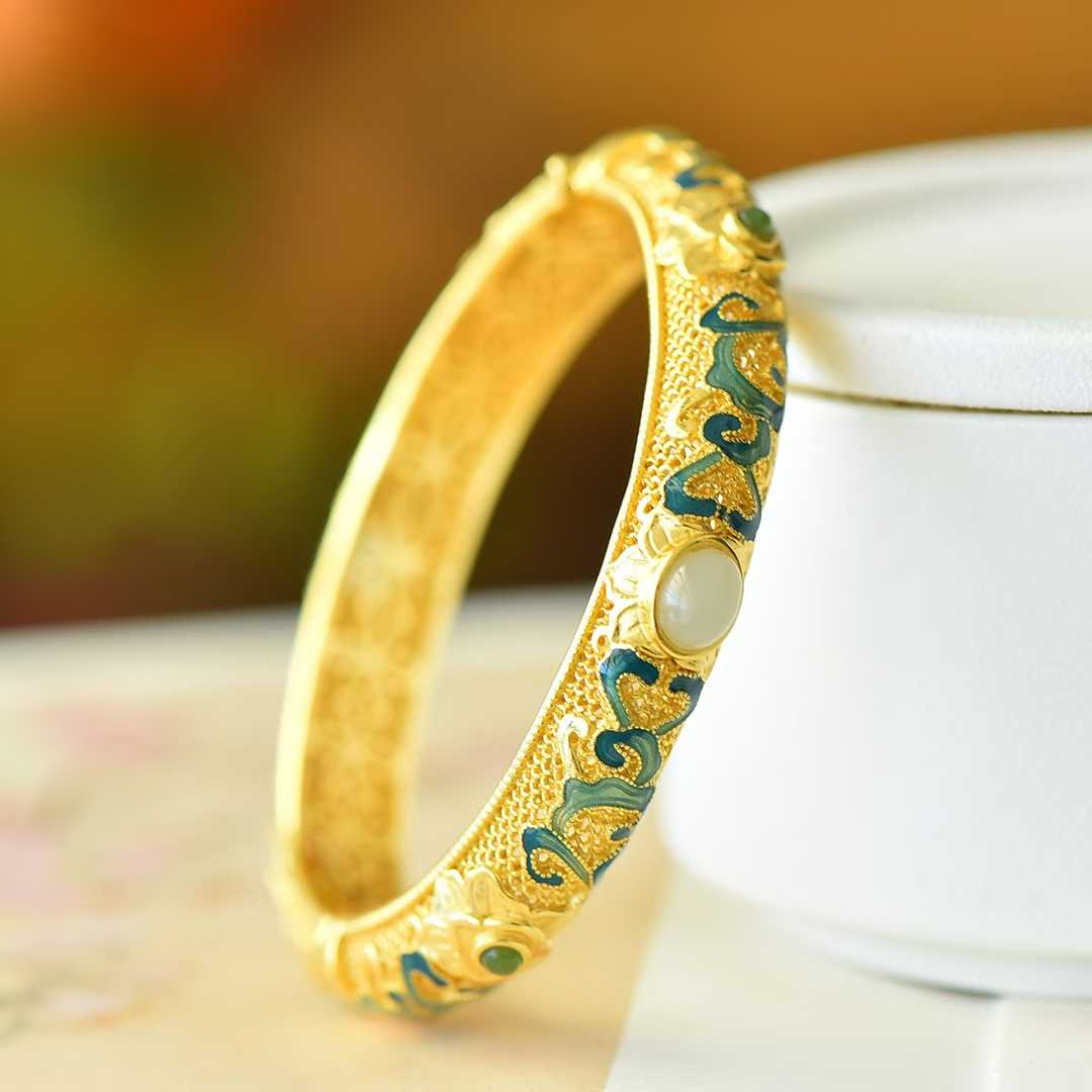 925 Silver Inlaid Hetian Nephrite "Goddess Scattering Flowers" Hollowed - Out Bracelet - jewelry - weilin.com