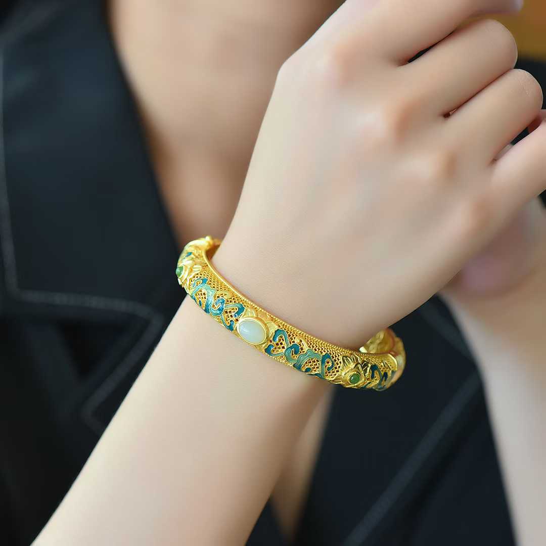 925 Silver Inlaid Hetian Nephrite "Goddess Scattering Flowers" Hollowed - Out Bracelet - jewelry - weilin.com