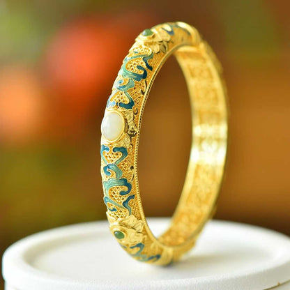 925 Silver Inlaid Hetian Nephrite "Goddess Scattering Flowers" Hollowed - Out Bracelet - jewelry - weilin.com