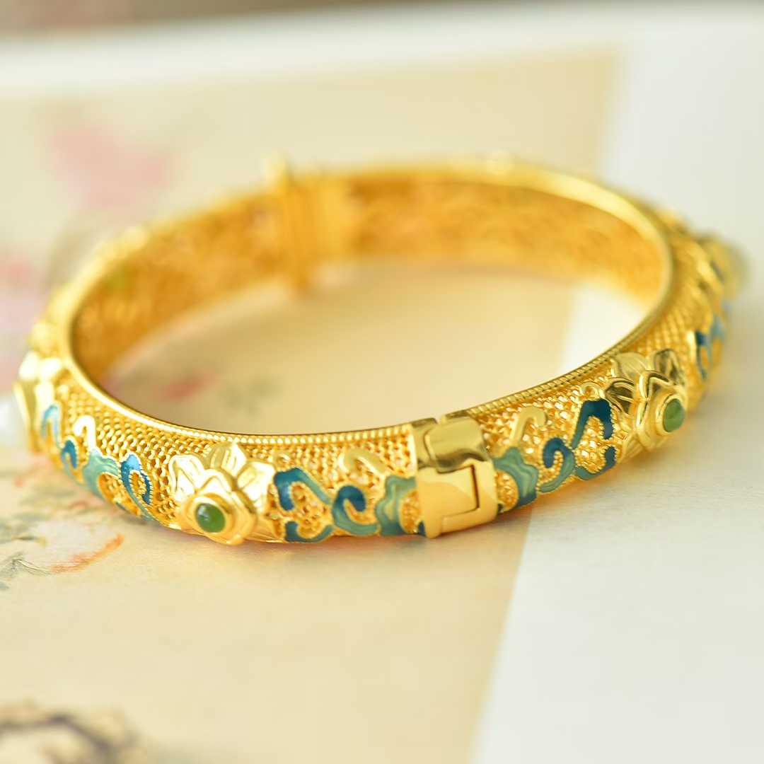 925 Silver Inlaid Hetian Nephrite "Goddess Scattering Flowers" Hollowed - Out Bracelet - jewelry - weilin.com