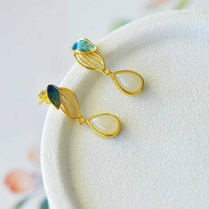 925 Silver Inlaid Hetian Nephrite "Golden Branch & Jade Leaf" Earrings - jewelry - weilin.com