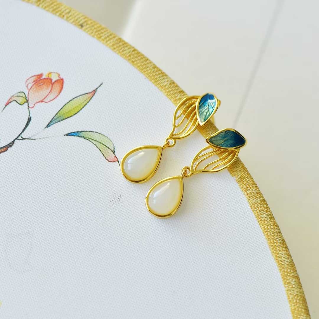 925 Silver Inlaid Hetian Nephrite "Golden Branch & Jade Leaf" Earrings - jewelry - weilin.com