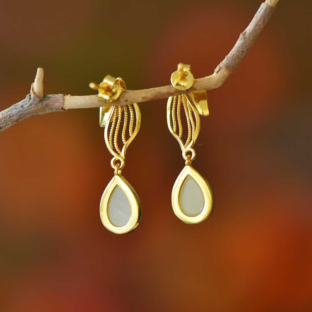 925 Silver Inlaid Hetian Nephrite "Golden Branch & Jade Leaf" Earrings - jewelry - weilin.com