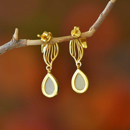 925 Silver Inlaid Hetian Nephrite "Golden Branch & Jade Leaf" Earrings - jewelry - weilin.com