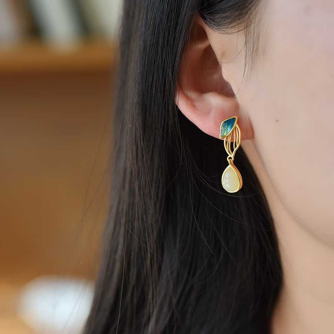 925 Silver Inlaid Hetian Nephrite "Golden Branch & Jade Leaf" Earrings - jewelry - weilin.com