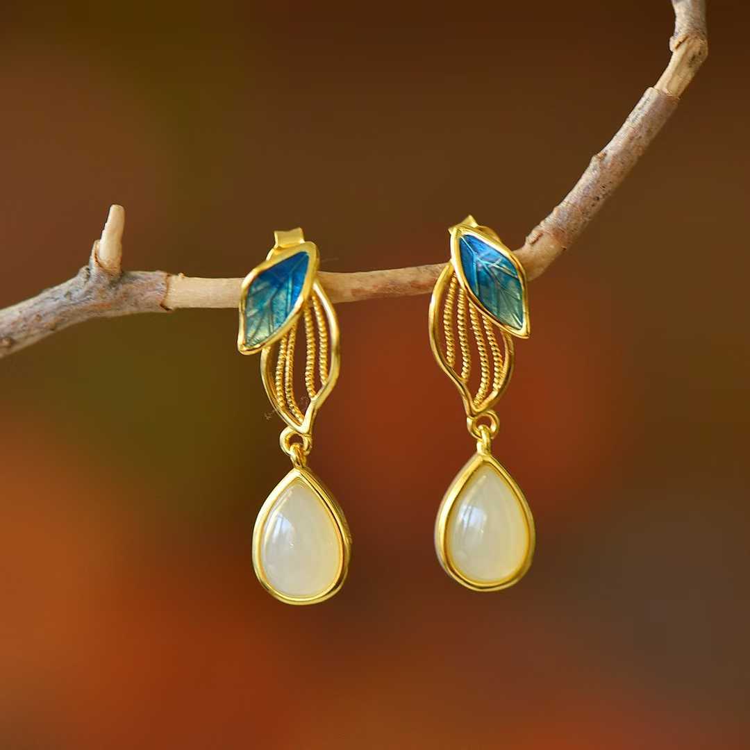 925 Silver Inlaid Hetian Nephrite "Golden Branch & Jade Leaf" Earrings - jewelry - weilin.com