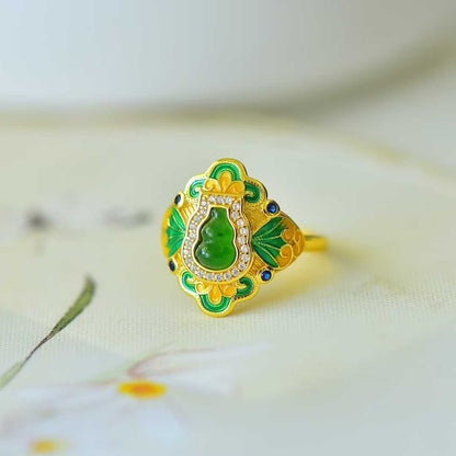 925 Silver Inlaid Hetian Nephrite Gourd "Fortune & Blessing" Ring - jewelry - weilin.com