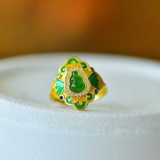 925 Silver Inlaid Hetian Nephrite Gourd "Fortune & Blessing" Ring - jewelry - weilin.com