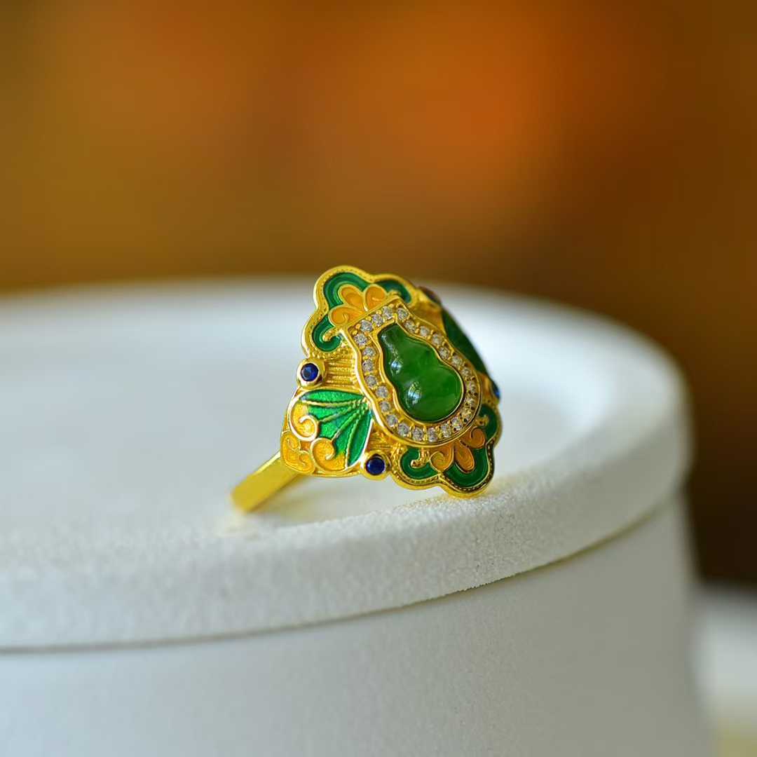 925 Silver Inlaid Hetian Nephrite Gourd "Fortune & Blessing" Ring - jewelry - weilin.com
