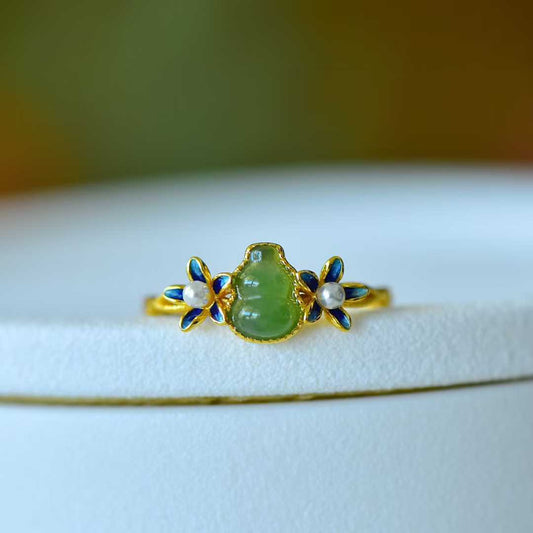 925 Silver Inlaid Hetian Nephrite "Gourd & Orchid" Ring - jewelry - weilin.com