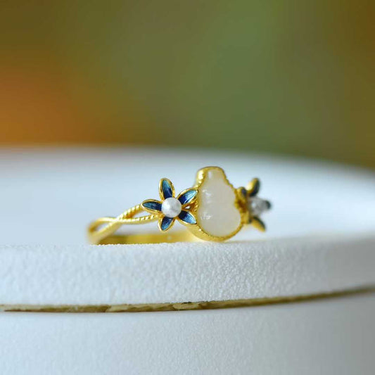 925 Silver Inlaid Hetian Nephrite "Gourd & Orchid" Ring - jewelry - weilin.com