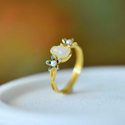 925 Silver Inlaid Hetian Nephrite "Gourd & Orchid" Ring - jewelry - weilin.com