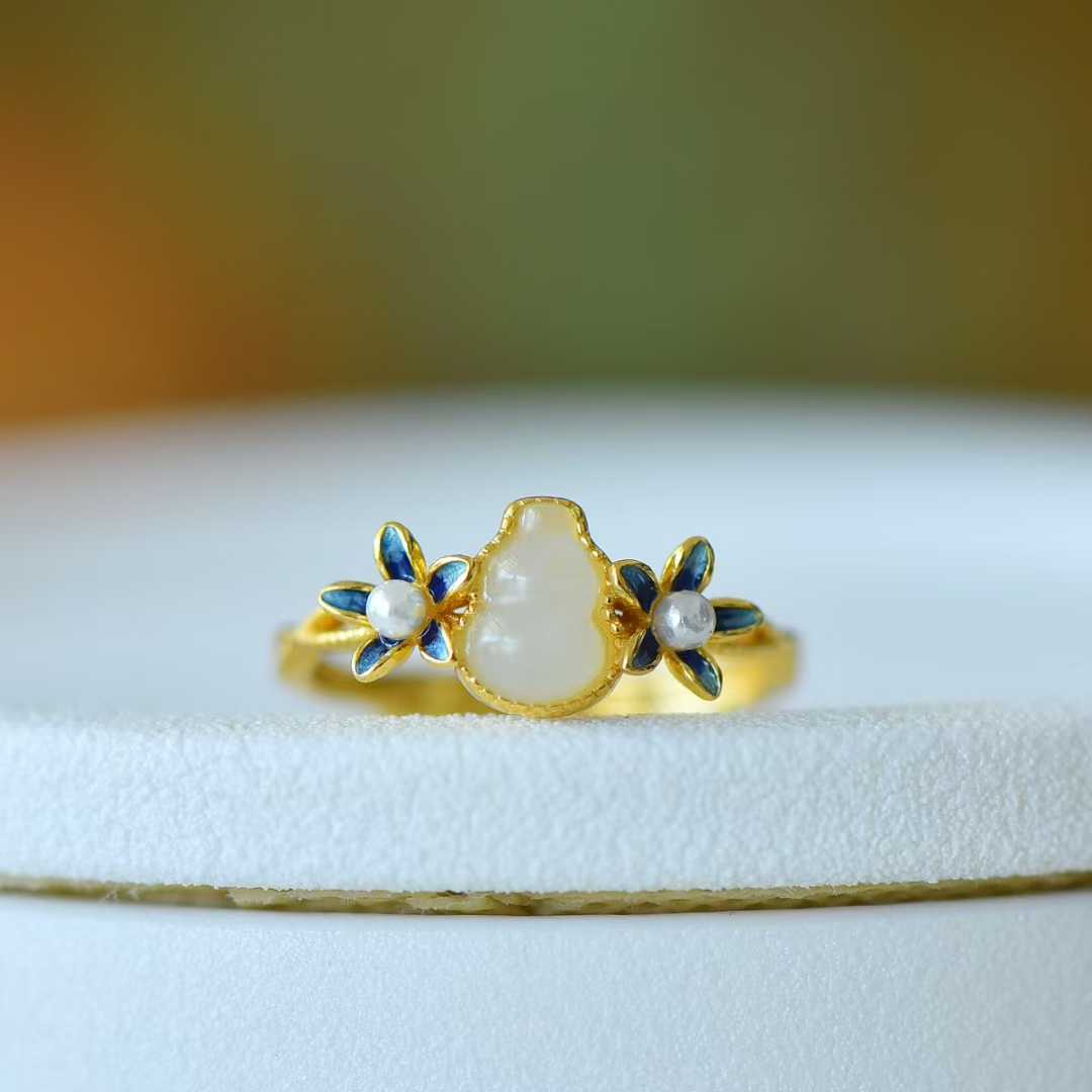 925 Silver Inlaid Hetian Nephrite "Gourd & Orchid" Ring - jewelry - weilin.com