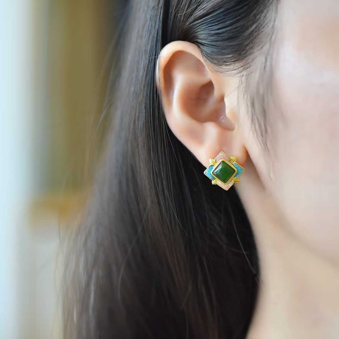 925 Silver Inlaid Hetian Nephrite "Heart Shape & Blooming Prosperity" Stud Earrings - jewelry - weilin.com