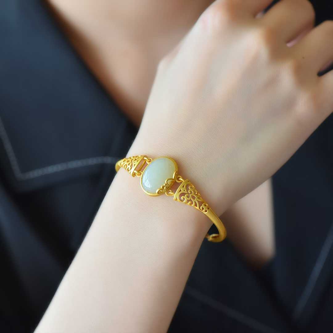 925 Silver Inlaid Hetian Nephrite "Hollowed - Out" Bracelet - jewelry - weilin.com